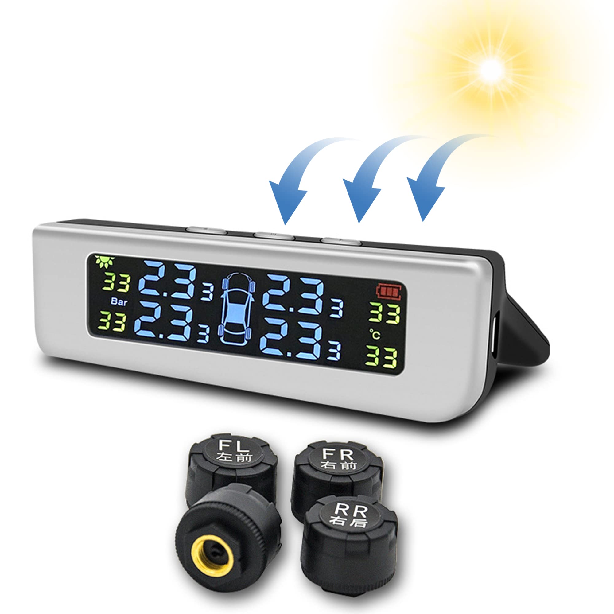 STHIRA Tyre Pressure Monitor Tpms For Cars, Solar Car Tyre Pressure Monitoring System For Car With 4 External Sensors, Tire Pressure Monitor With 3 Digital Accrate Real-Time LCD Display, 0-51PSI STHIRA Tyre Pressure Monitor Tpms For Cars, Solar Car Tyre Pressure Monitoring System For Car With 4 External Sensors, Tire Pressure Monitor With 3 Digital Accrate Real-Time LCD Display, 0-51PSI